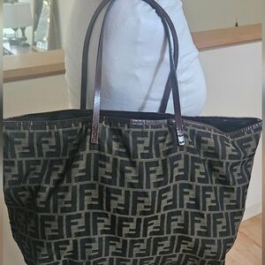 Fendi ZUCCA Tote / Carry All Handbag With Leather Pouch Signature Monogram EUC